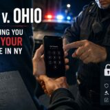 Poster-style infographic about Mapp v. Ohio and phone rights: a person unlocks a smartphone beside a police officer, with a side panel listing Fourth Amendment, unlawful search, consent matters.