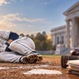 Baseball catcher lying on the infield dirt with his helmet beside him, while a gavel and scales of justice appear in the background near a courthouse.