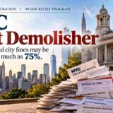 Banner for NYC debt relief: large 'Debt Demolisher' text over a NYC skyline with a pile of violation notices, implying fines relief up to 75%.